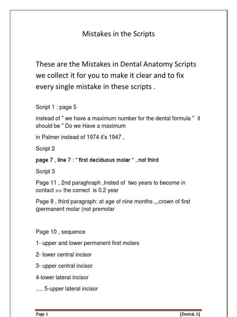 Dental Anatomy Script Corrections | PDF