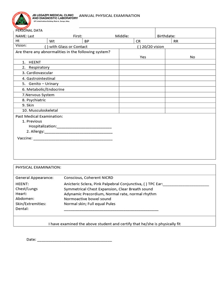 Annual Physical Examination Report | PDF