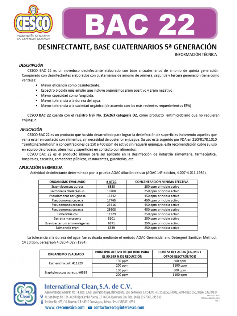 Desinfectante CESCO BAC 22: Eficiencia y Uso | PDF | Agua | Microbiología