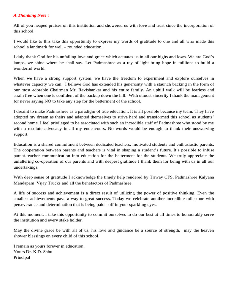 A Thanking Note | PDF | Gratitude | Religious Belief And Doctrine