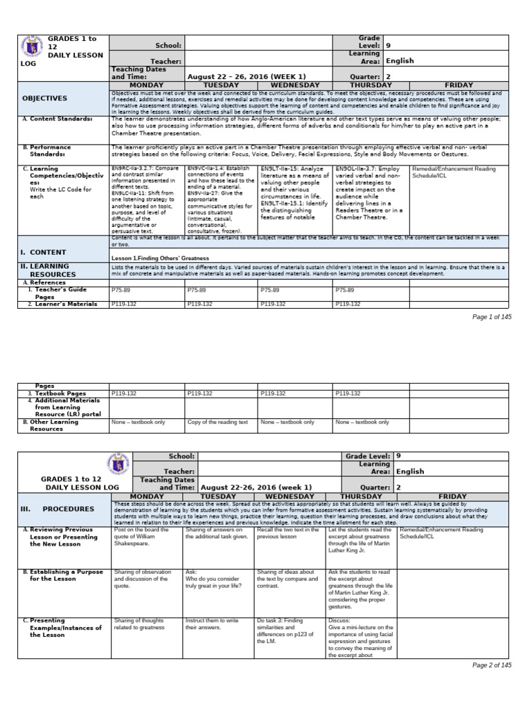 Grade 9 English Daily Lesson Plan | PDF | Learning | Teachers