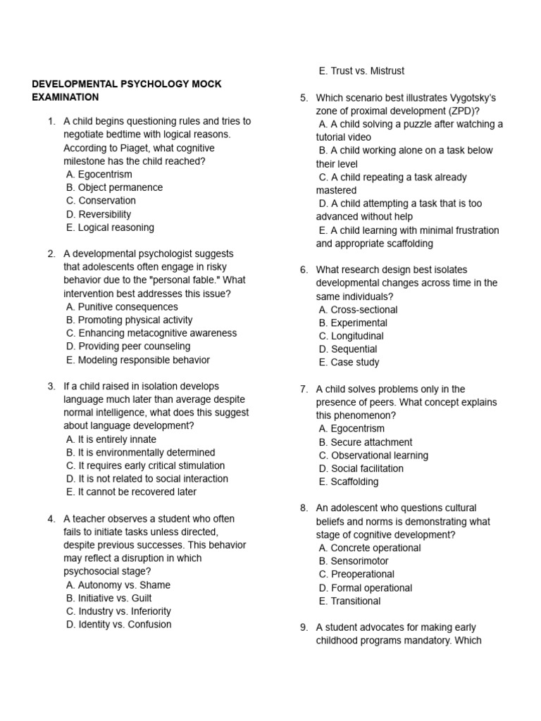 Mock Exam - Dev Psych | PDF | Developmental Psychology | Adolescence