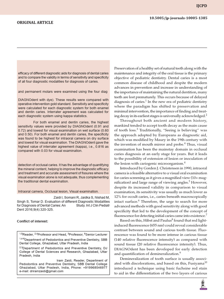 Efficacy of Caries Detection Methods | PDF | Human Tooth | Tooth Enamel