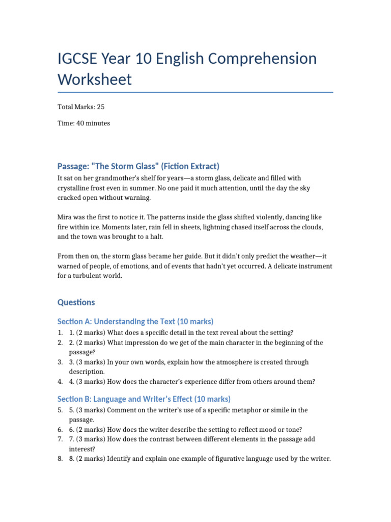 IGCSE English Comprehension Worksheet | PDF