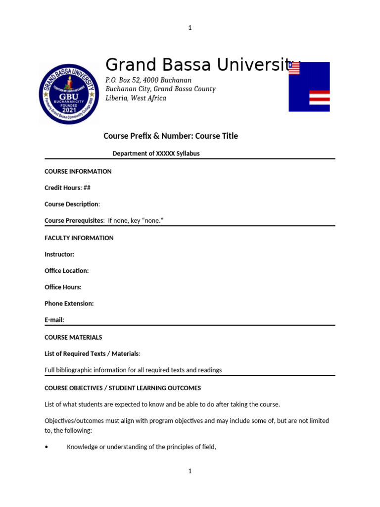 GBU Course Syllabus May Use As A Template For The Grand Bassa ...