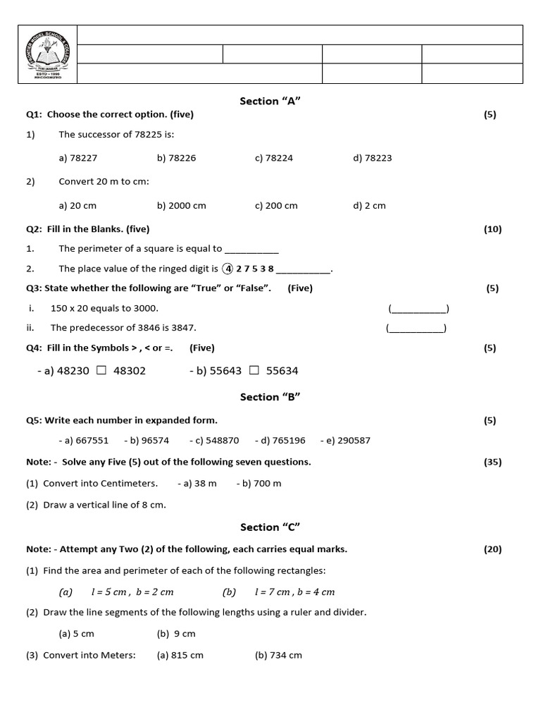 4th Grade Math Model Paper - Frontier School | PDF | Mathematics