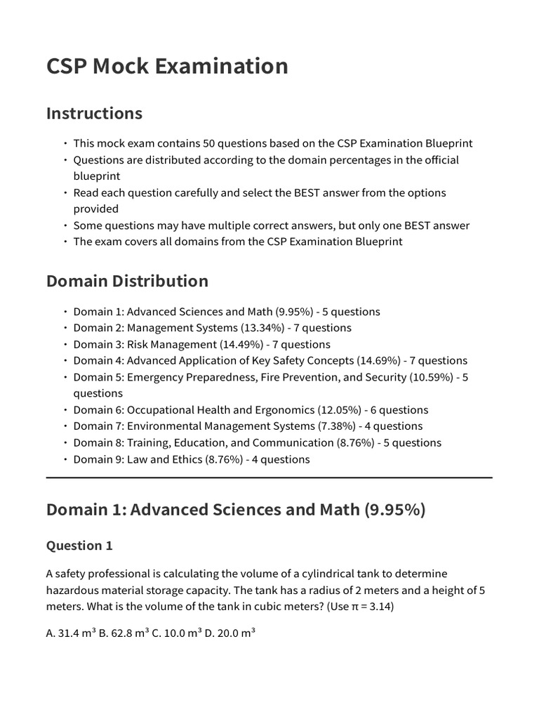CSP Mock Exam Overview and Questions | PDF | Risk | Waste