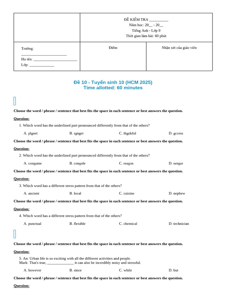 English Test Paper for Grade 9 Students | PDF | Volunteering | Vietnam