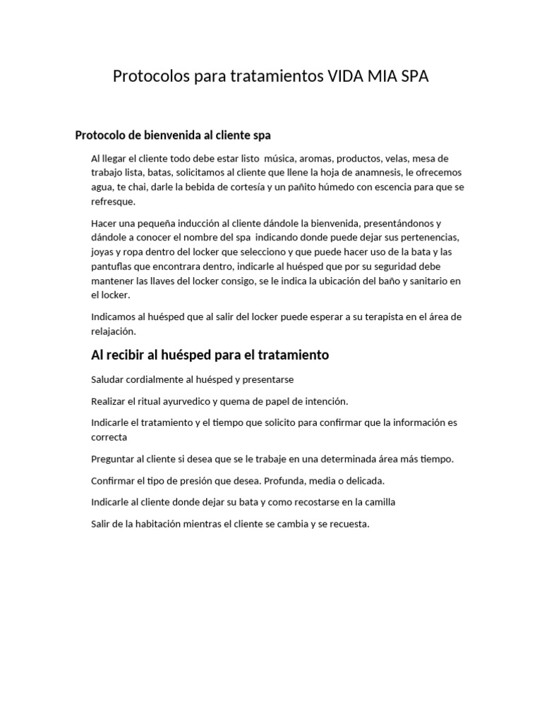 Protocolo para Tratamientos de Spa Bienvenida y Despedida | PDF ...