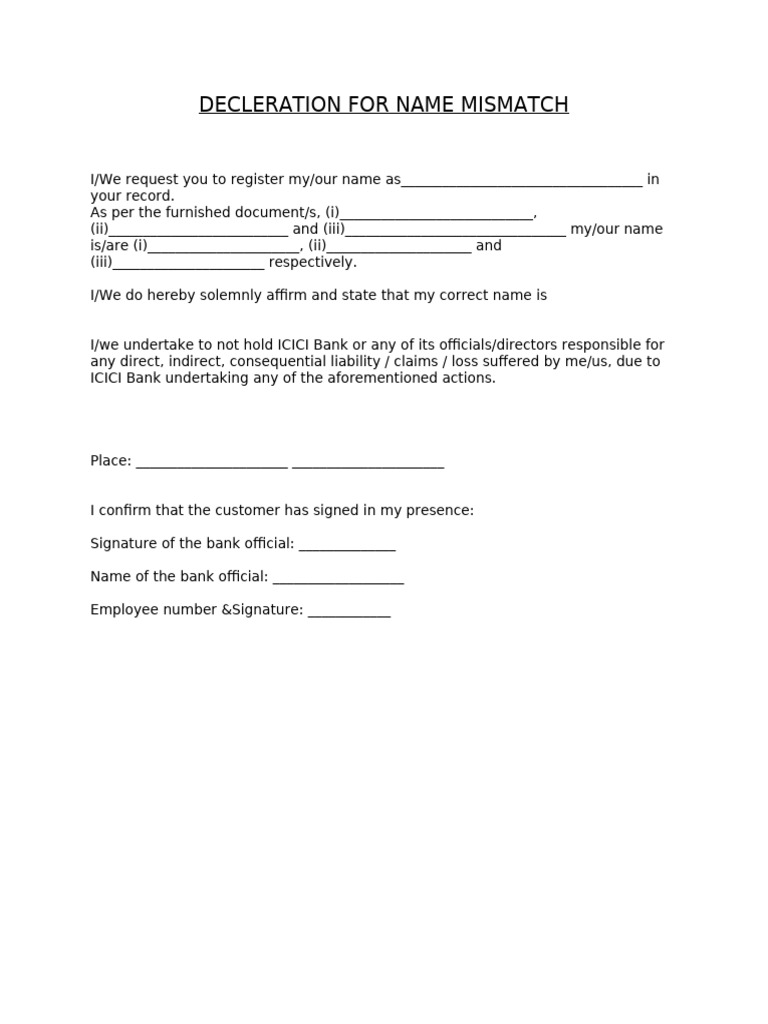 Name Mismatch Declaration for Banks | PDF