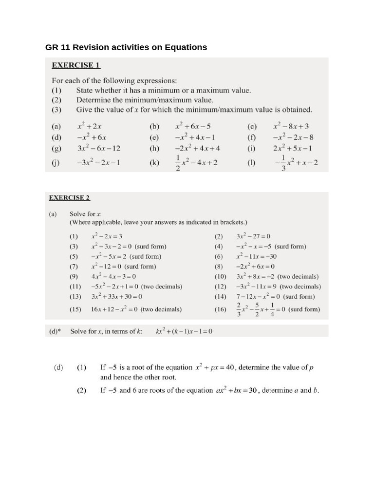GR 11 Revision Activities On Equations | PDF