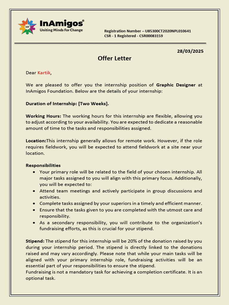 InAmigos Foundation Internship Offer | PDF