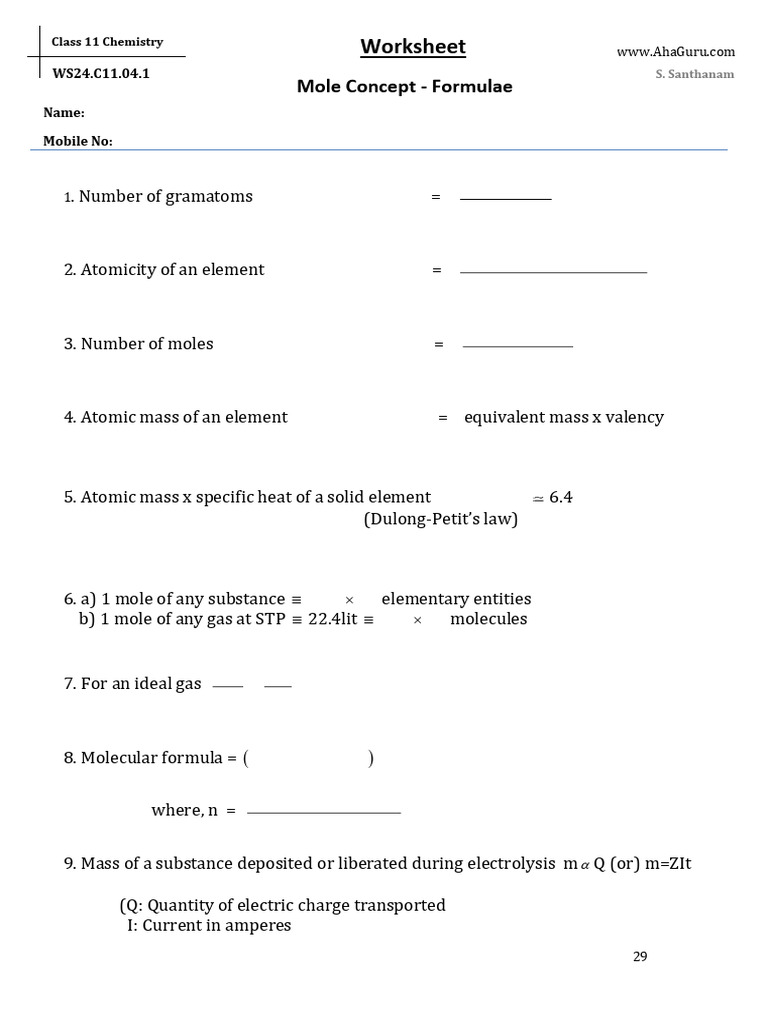 Formulae Sheet For Mole Concept | PDF | Molecules | Mole (Unit)