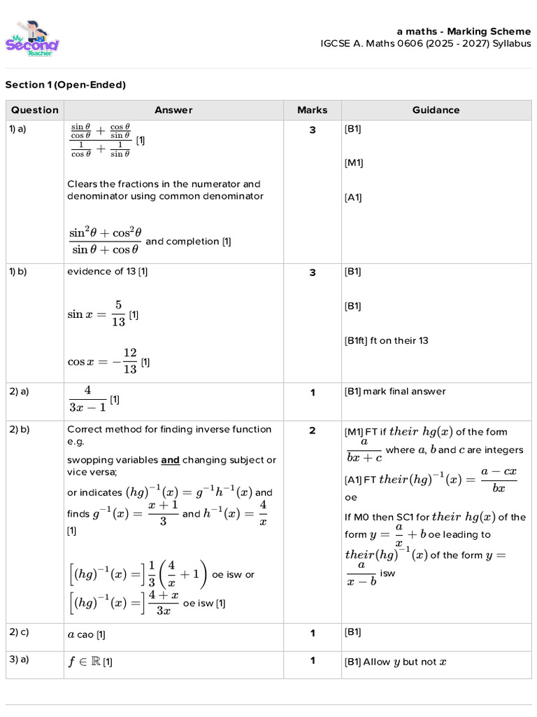 IGCSE Maths Marking Scheme 0606 | PDF | Mathematical Analysis ...