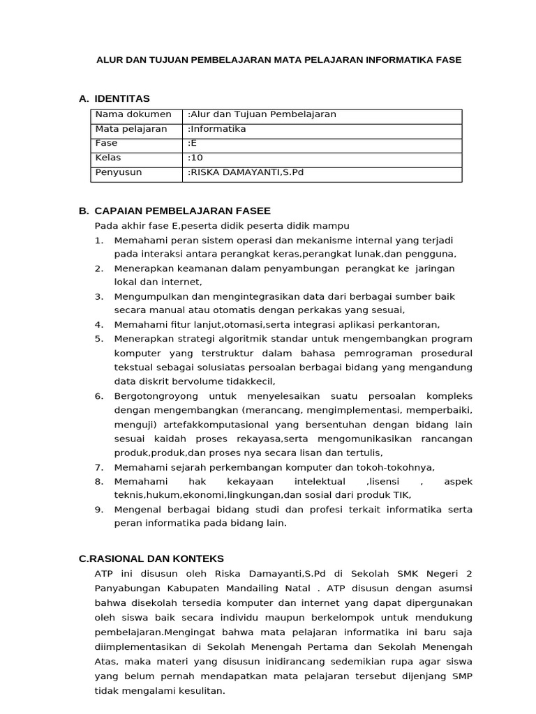 Alur Tujuan Pembelajaran Informatika Susena | PDF