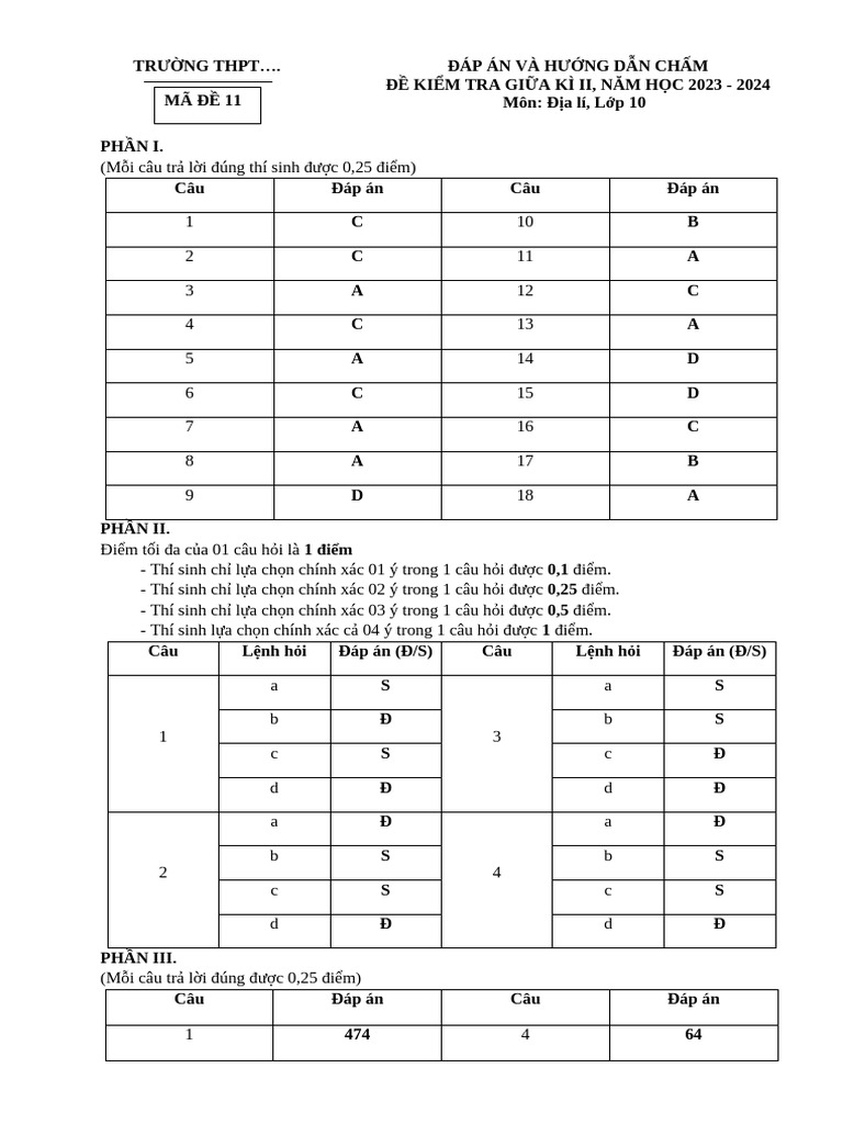 ĐA đề GK 2 - Lớp 10 | PDF