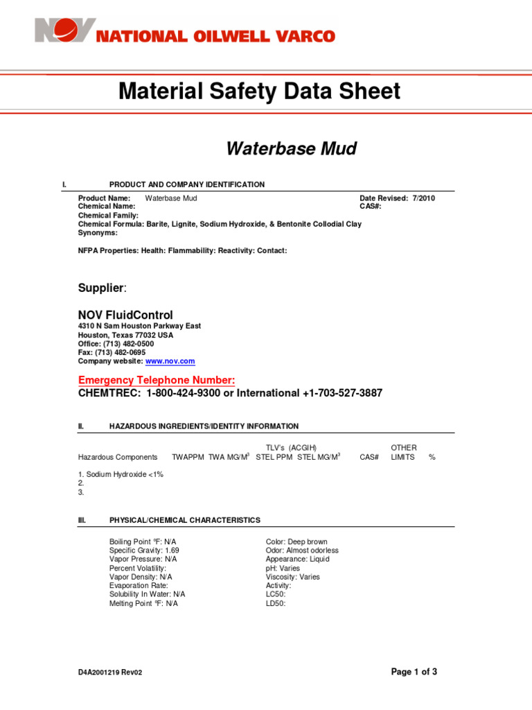 Waterbase Mud Safety Data Sheet | PDF | Chemistry | Materials
