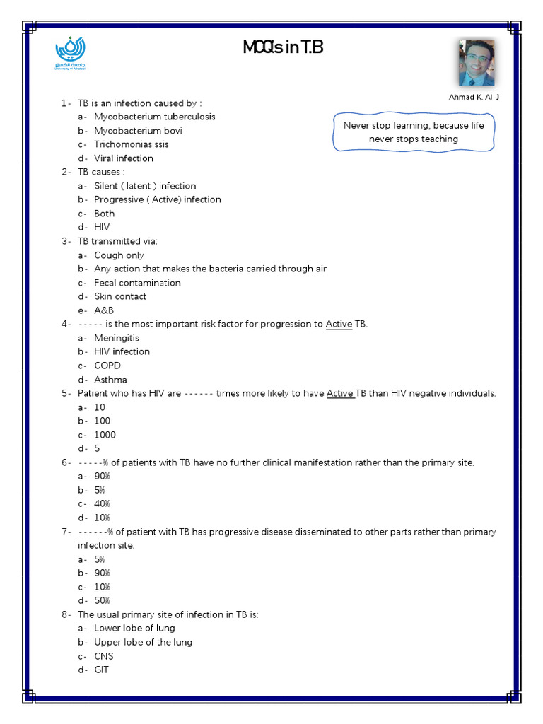 TB MCQs for Medical Students | PDF | Tuberculosis | Medical Specialties