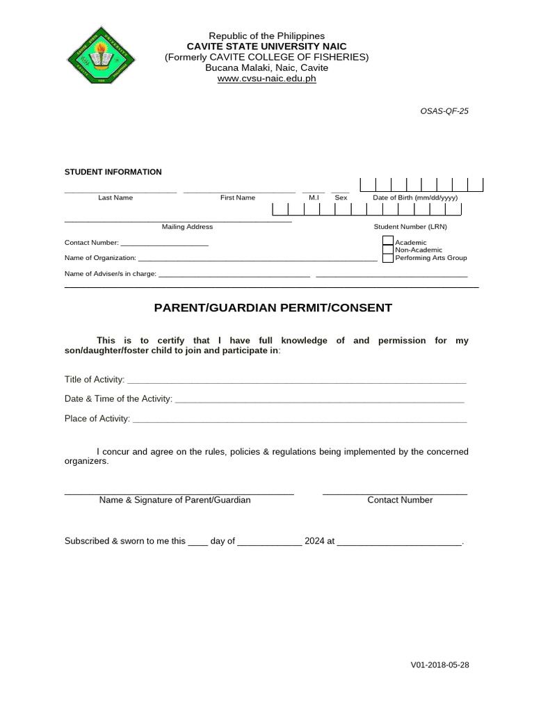 OSAS QF 25 Parent Guardian Permit Consent CAMPUS 1 | PDF