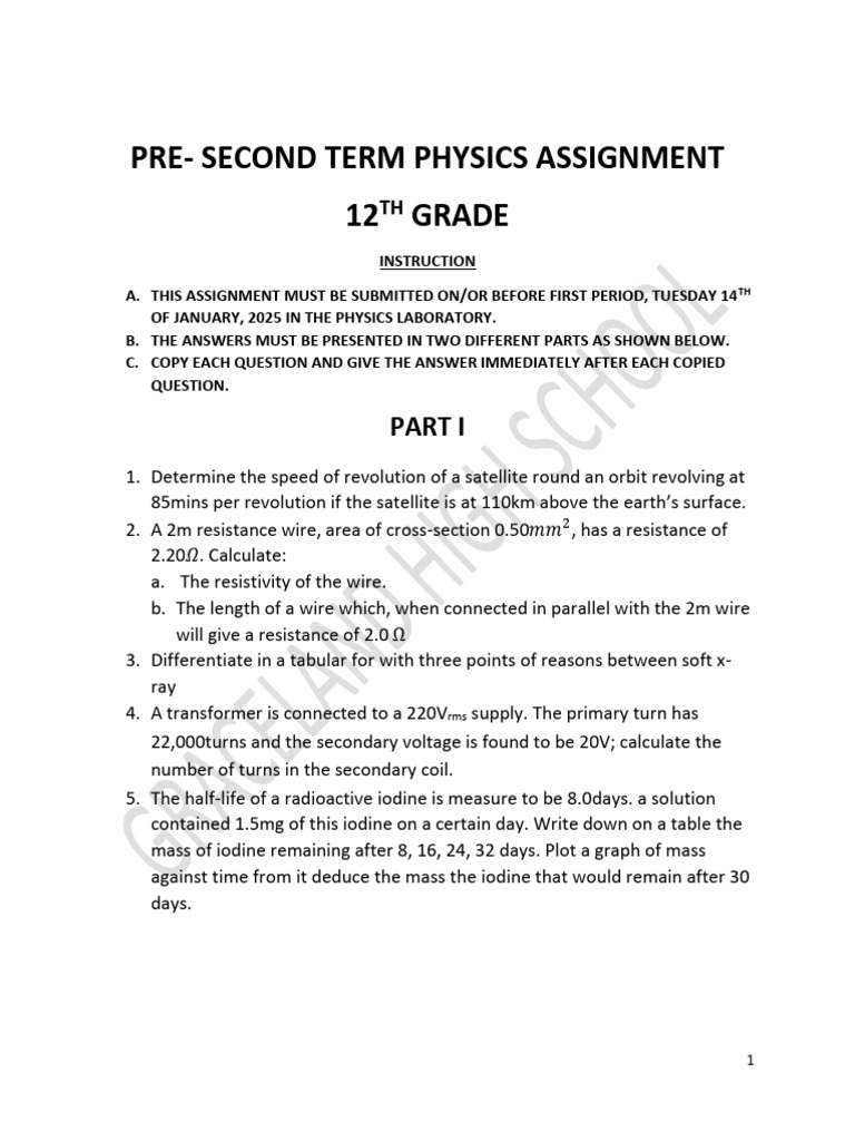 12th Grade Physics Assignment Guide | PDF | Atoms | Radioactive Decay