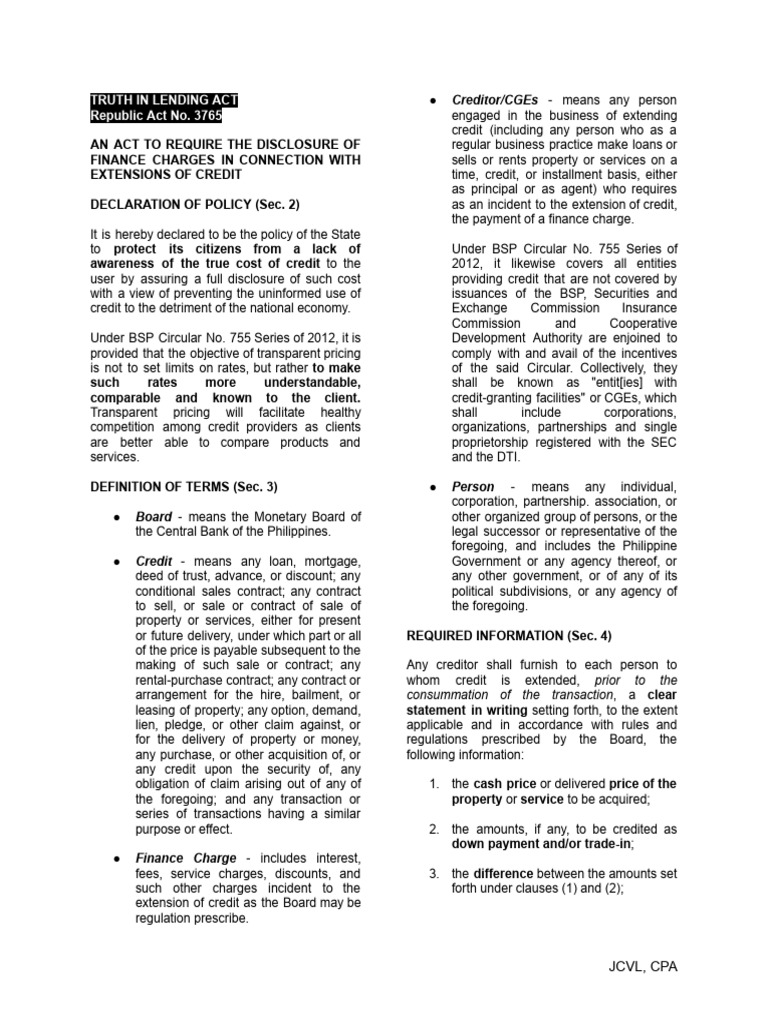 Truth in Lending Act | PDF | Loans | Interest