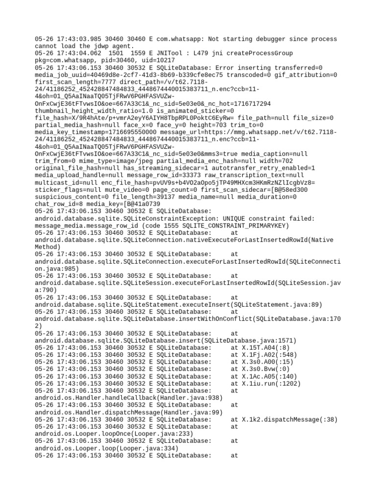 SQLite Constraint Errors in WhatsApp Logs | PDF | Java (Programming ...