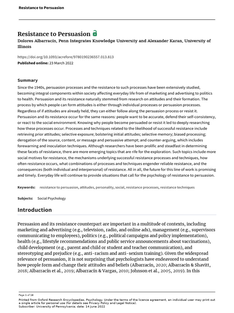 Understanding Resistance to Persuasion | PDF | Attitude (Psychology ...