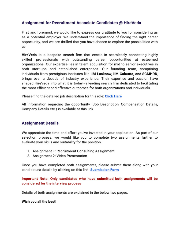 Assignment - Recruitment Associate - HireVeda | PDF | Recruitment ...