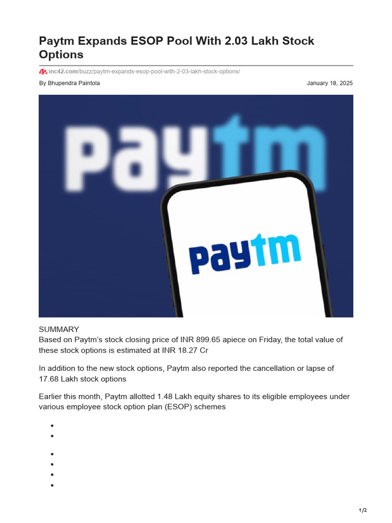 Paytm Expands ESOP Pool With 203 Lakh Stock Options | PDF | Stocks ...