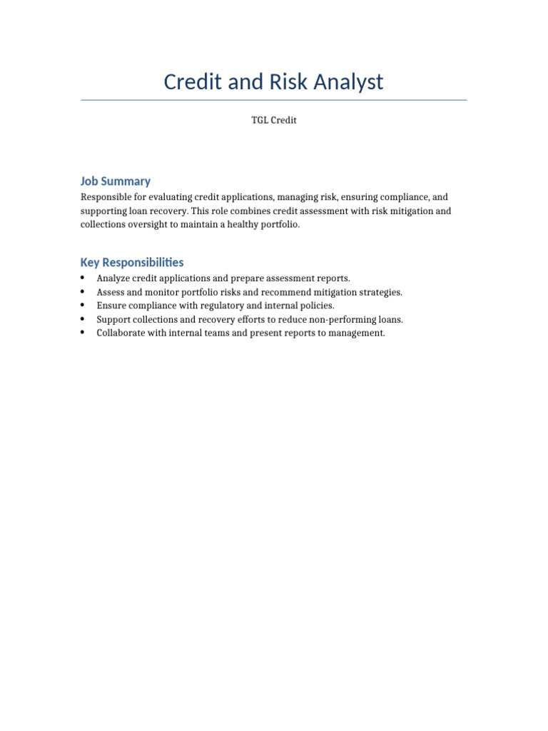 Brief Credit and Risk Analyst TGL Credit | PDF