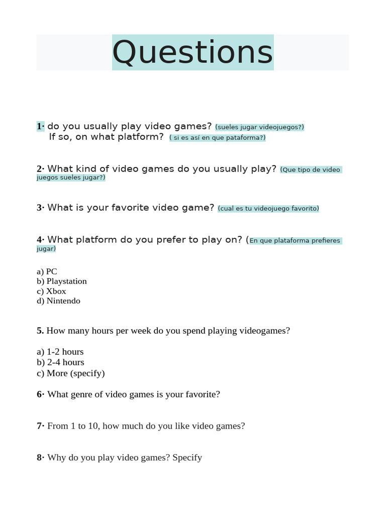 Video Game Preferences Survey Questions | PDF