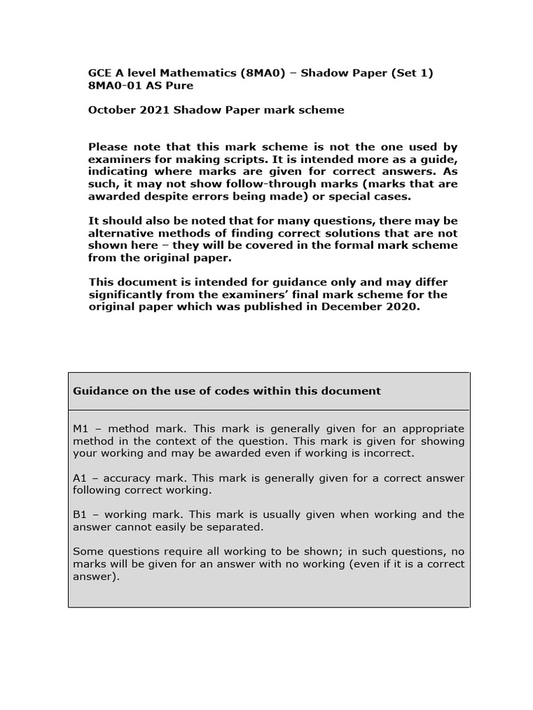 GCE A Level Maths 8MA0 Shadow Paper Mark Scheme | PDF | Mathematics ...