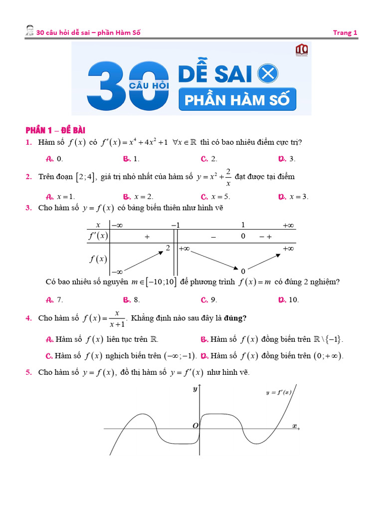 30 Bài Toán Dễ Sai - Phần Hàm Số | PDF
