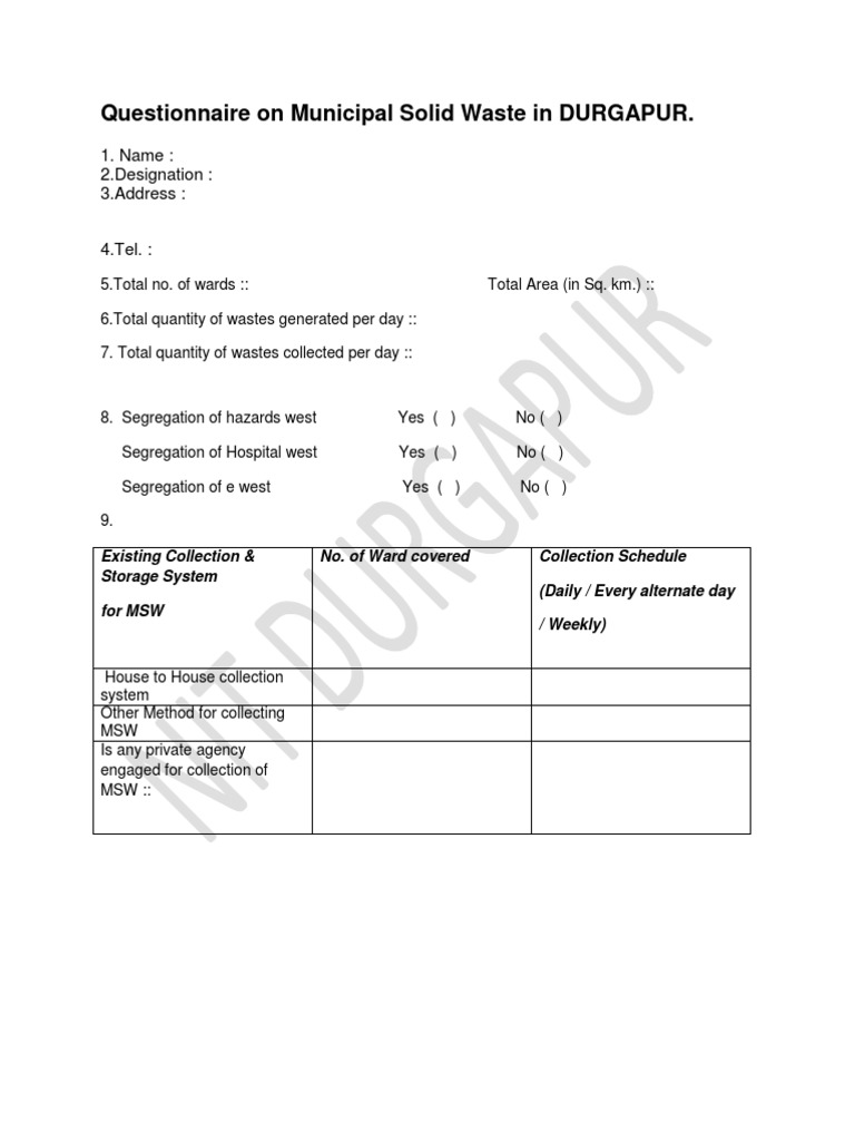 Durgapur Municipal Solid Waste Survey | PDF