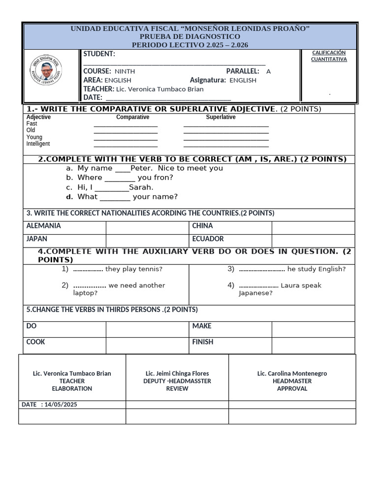 English Diagnostic Test for Ninth Grade | PDF
