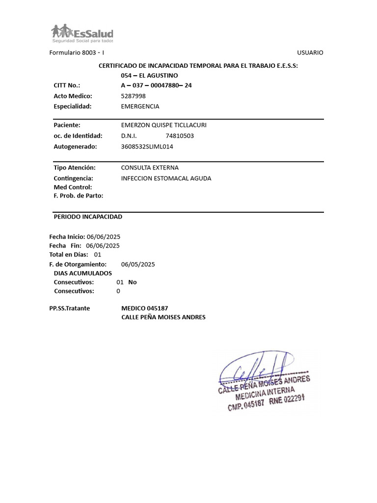 Certificado de Incapacidad Temporal ESSALUD | PDF | Cuidado de la salud ...