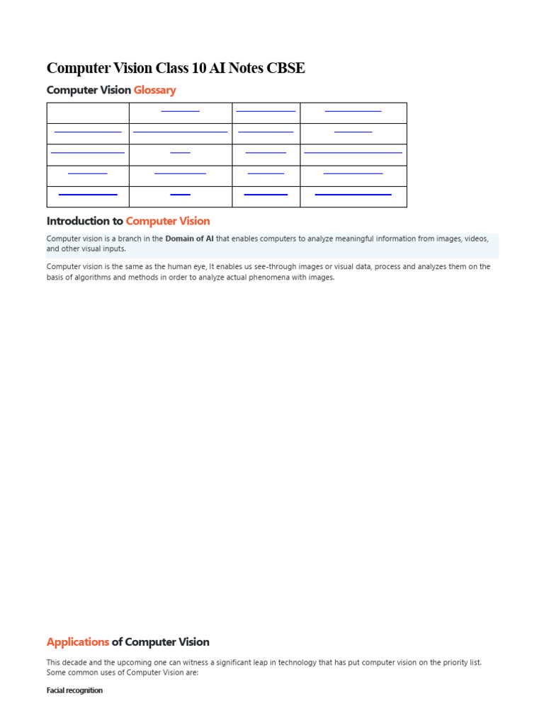 Class 10 Computer Vision AI Notes | PDF | Computer Vision | Pixel