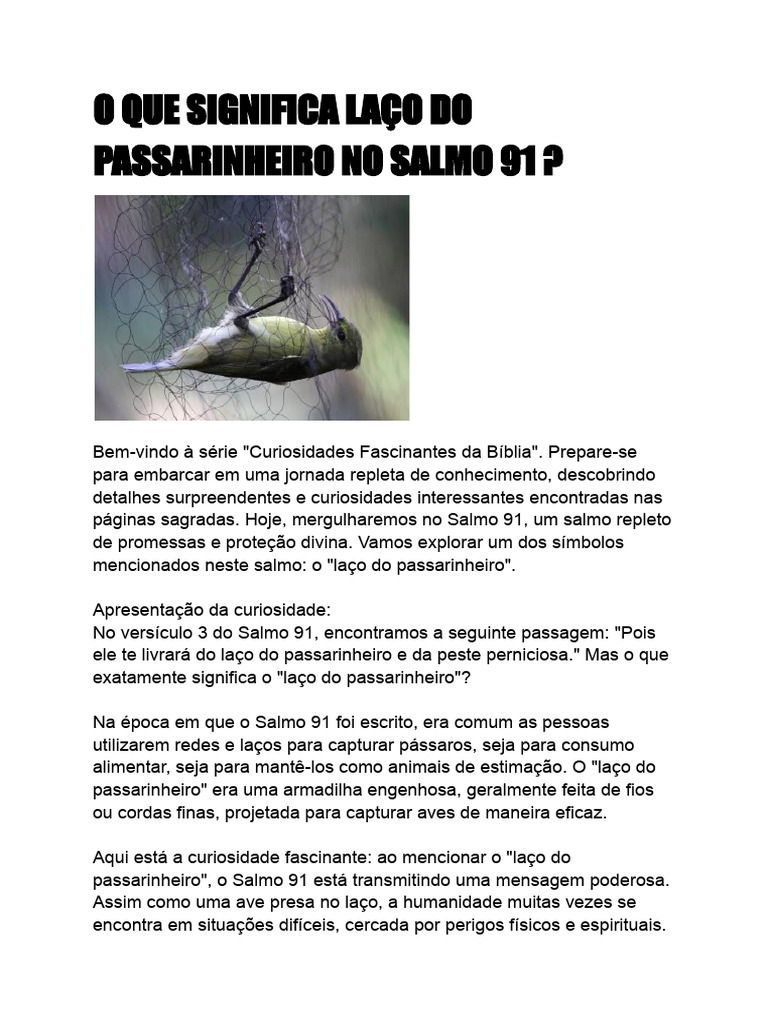 O Que Significa Laço Do Passarinheiro No Salmo 91 | PDF