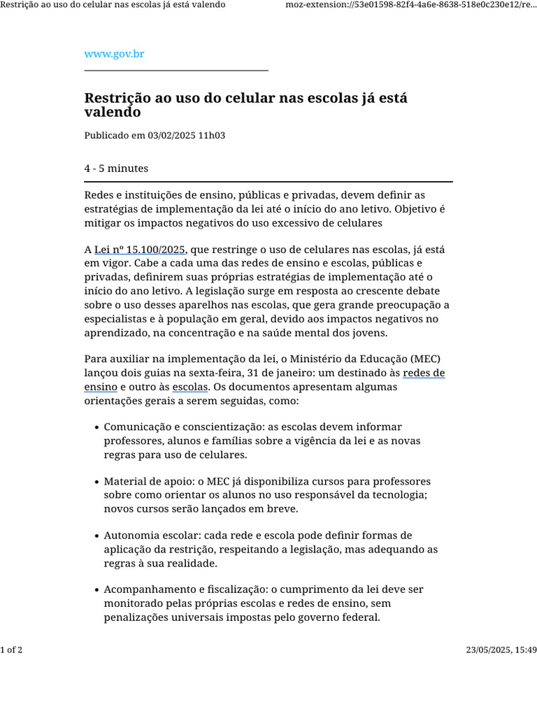 Notícia Sobre Proibição de Uso de Celular Na Escola | PDF | Escolas ...
