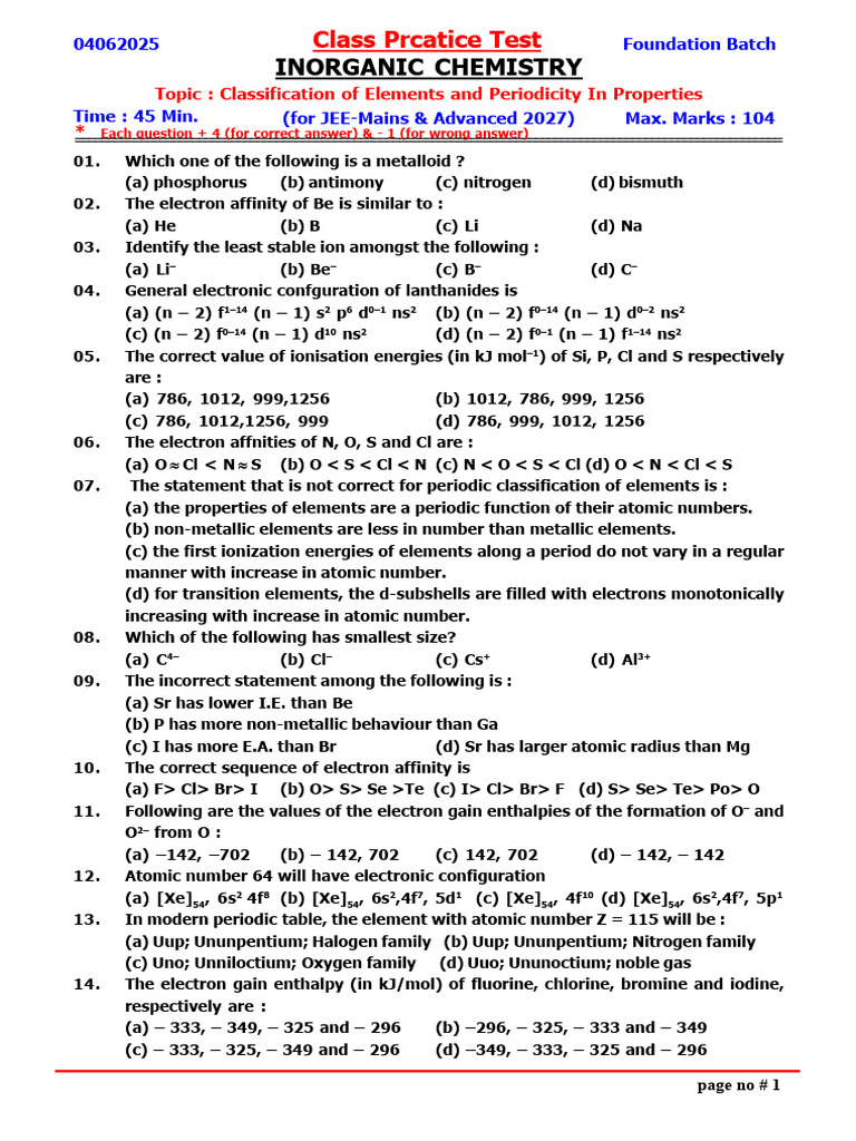 Practice Test (Periodic Table) | PDF | Periodic Table | Atomic Physics