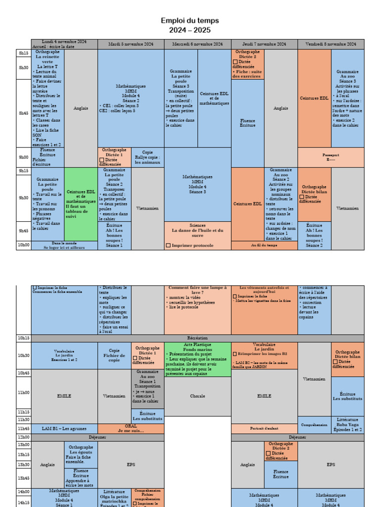 Emploi du temps 2024-2025 détaillé | PDF | Orthographie | Apprentissage