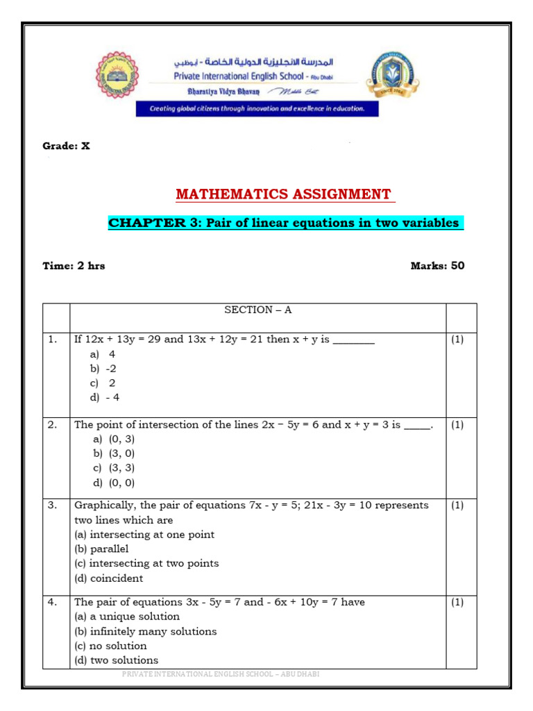 Mathematics Assignment: Linear Equations | PDF | Equations | System Of ...