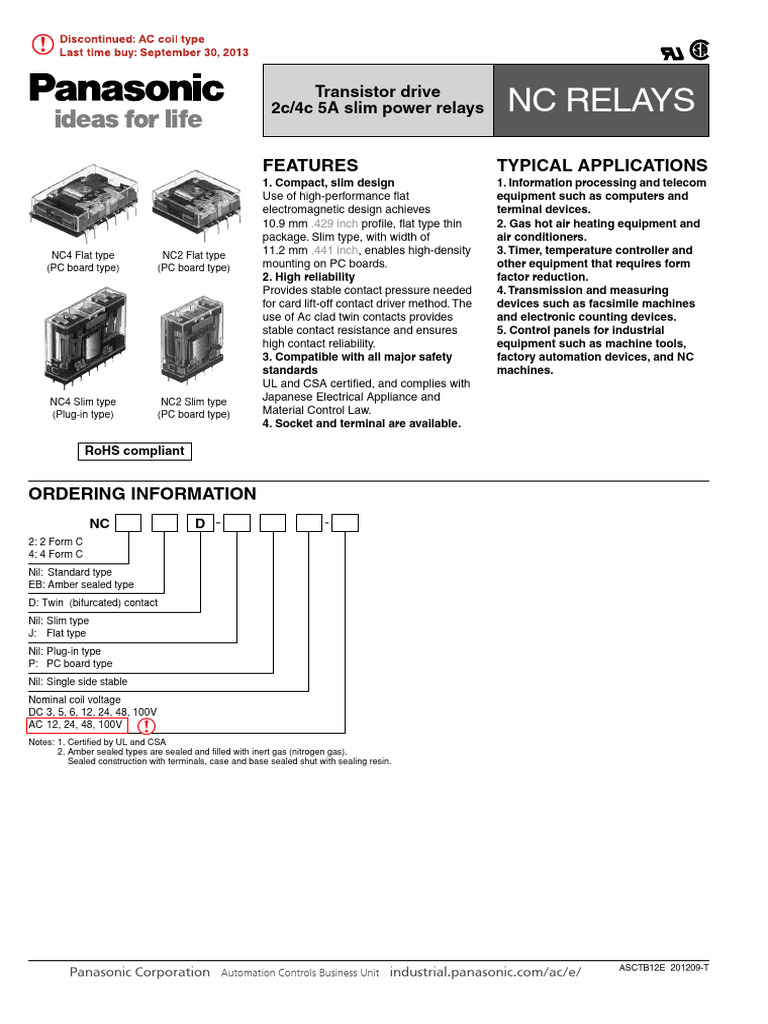 Panasonic Slim Power Relays NC Series | PDF | Alternating Current | Relay