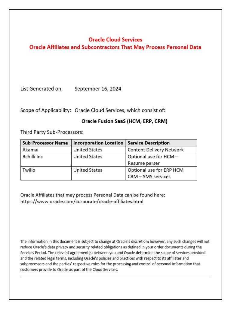 Oracle Subprocessor List for Cloud Services | PDF