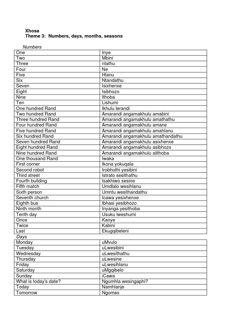 Xhosa Numbers and Months Guide | PDF | Language Arts & Discipline
