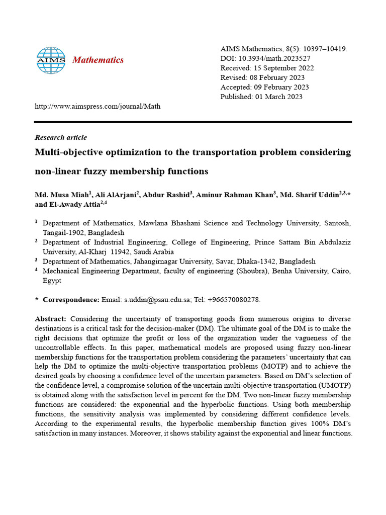 Non-linear Fuzzy Optimization in Transportation | PDF | Mathematical ...
