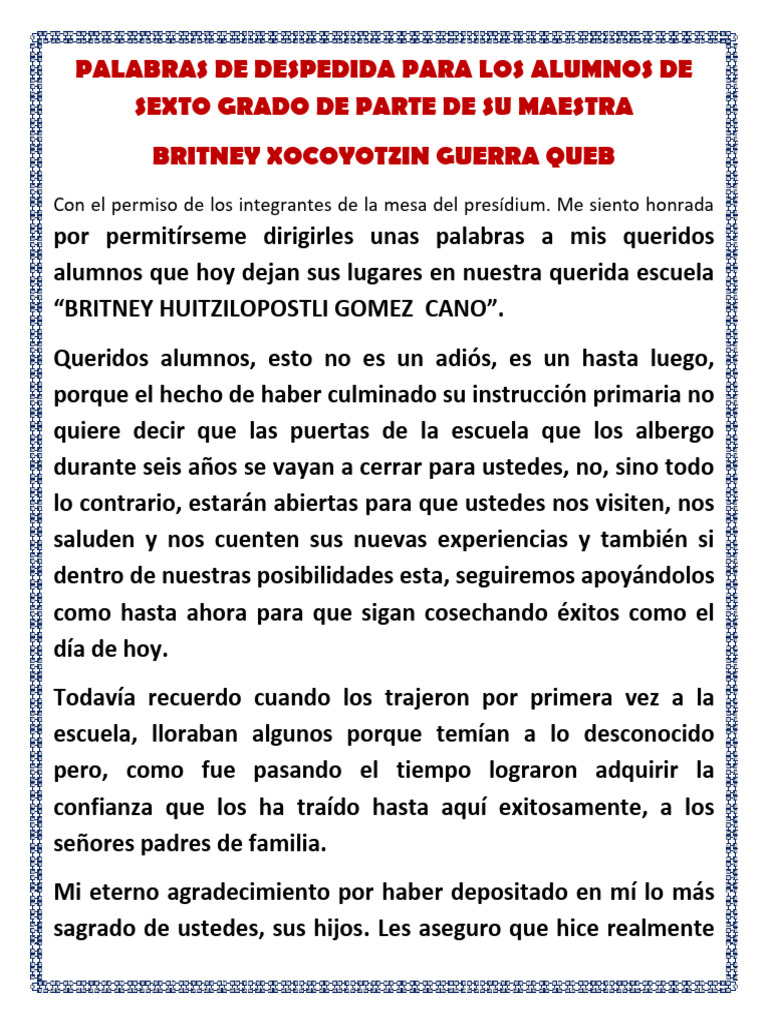 Maestra Palabras de Despedida Sexto | PDF