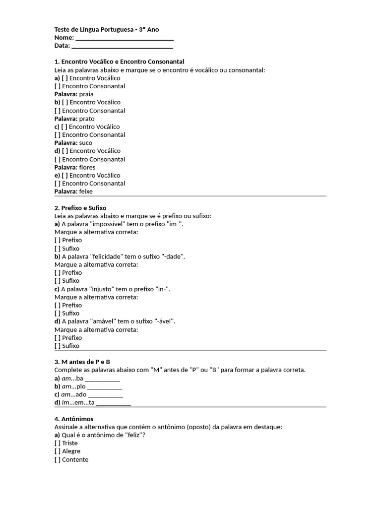 Teste de Português para 3º Ano | PDF