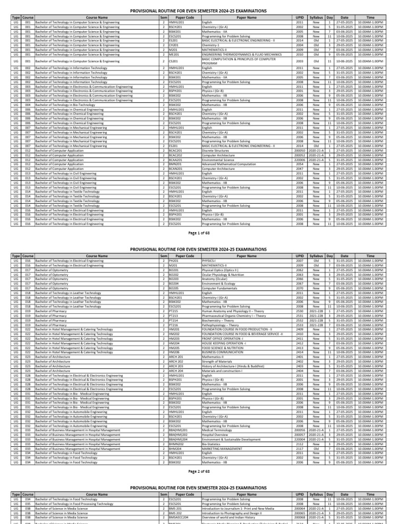 2024-25 B.Tech Exam Schedule | PDF | Engineering | Computer Science