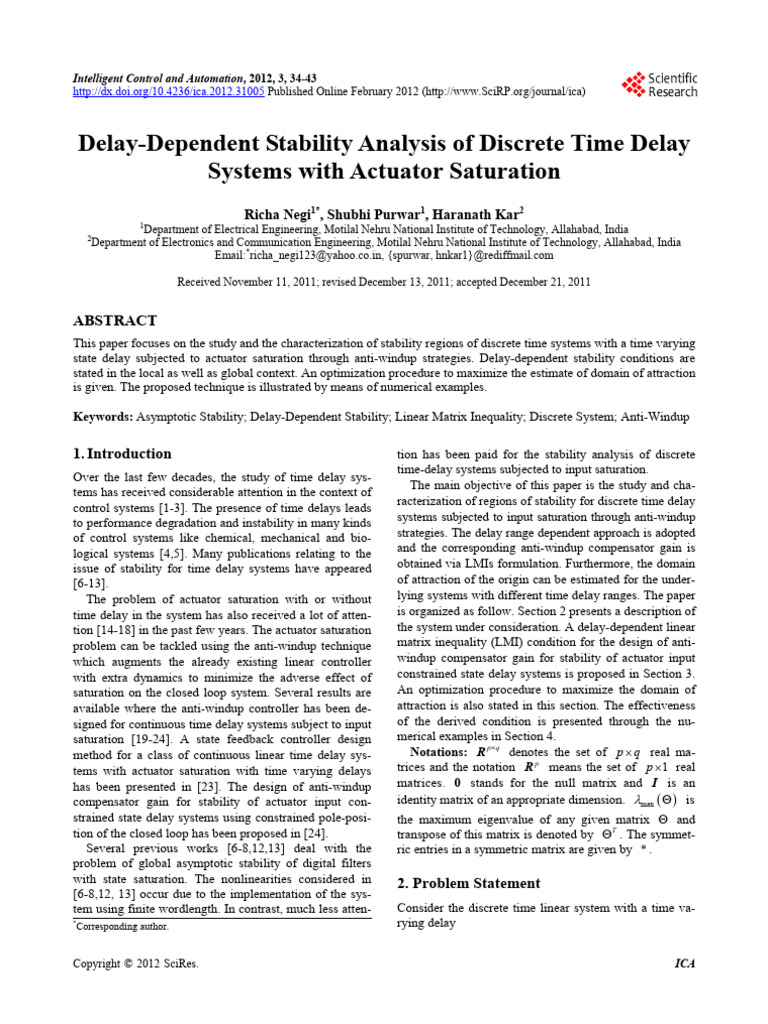 Delay-Dependent Stability Analysis of Discrete Time Delay | PDF ...